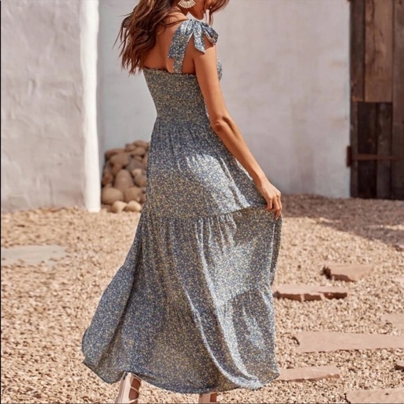 Boho floral tie shoulder shirred ruffle hem dress - Picture 3 of 13